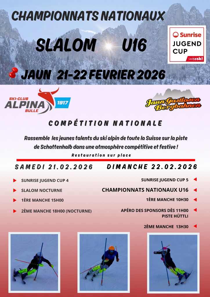 Championnats nationaux slalom U16 · Jaun · 21-22 février 2026